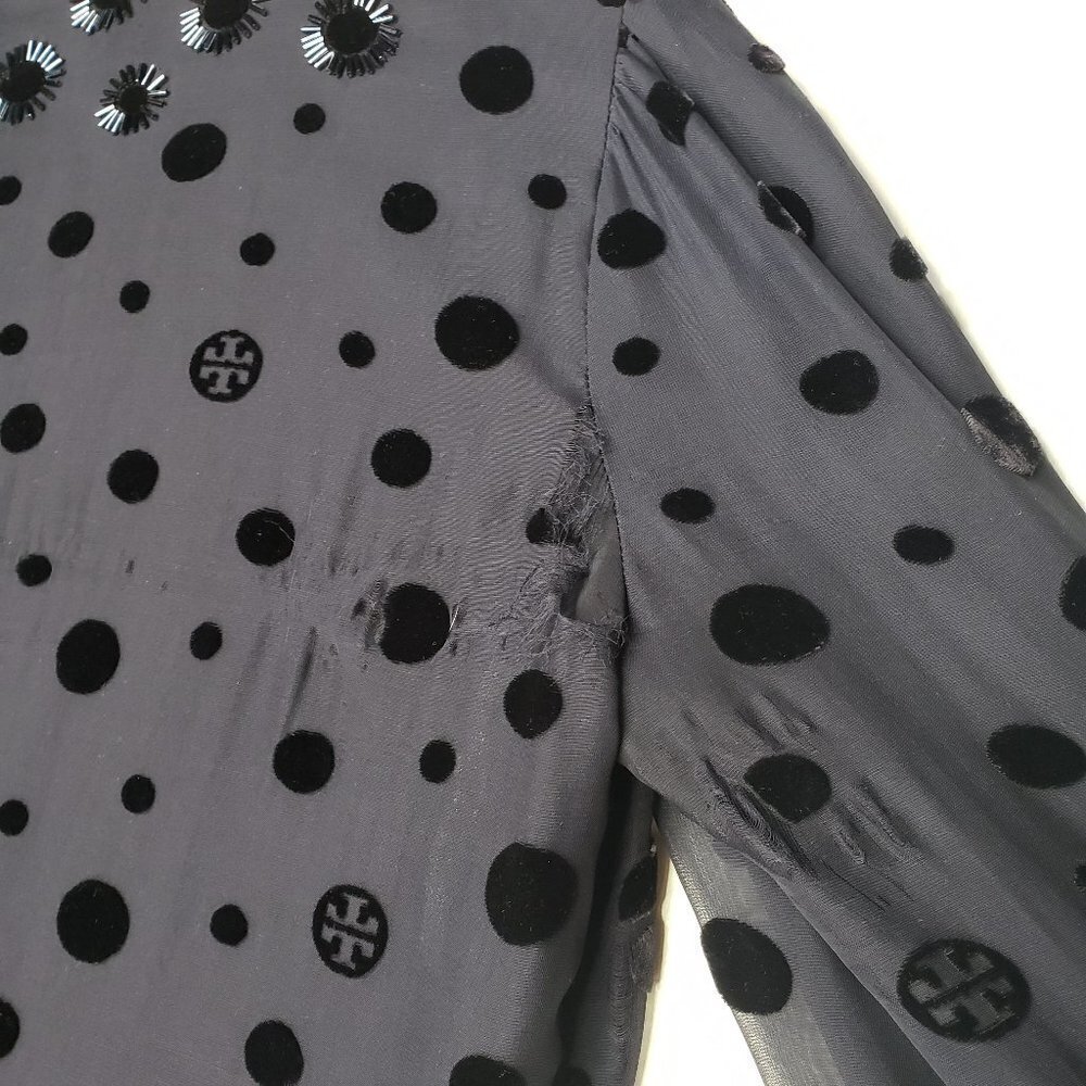 Tory Burch Angela Beaded Velvet Dot Sheer Blouse Long Sleeve Lined 8 - FLAWED - Picture 12 of 16